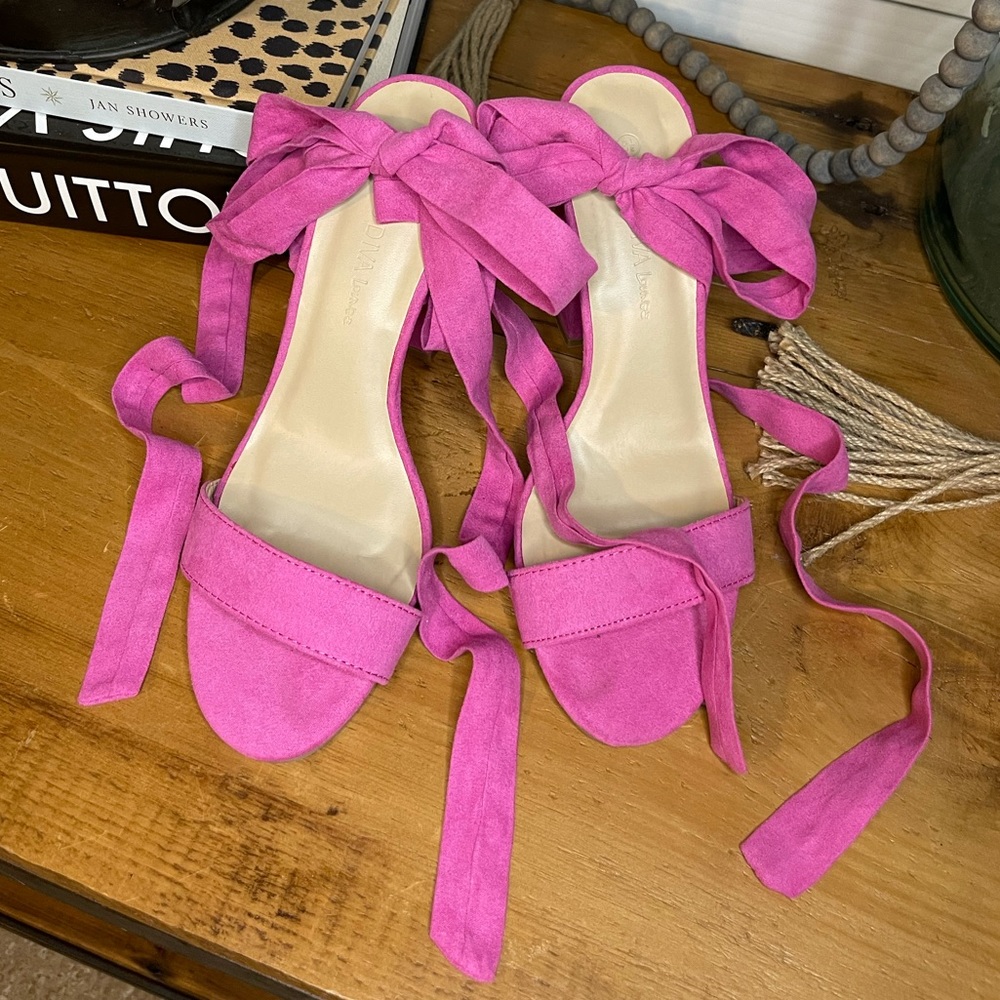 Pink Lace Up Block Heels by Wild Diva Lounge